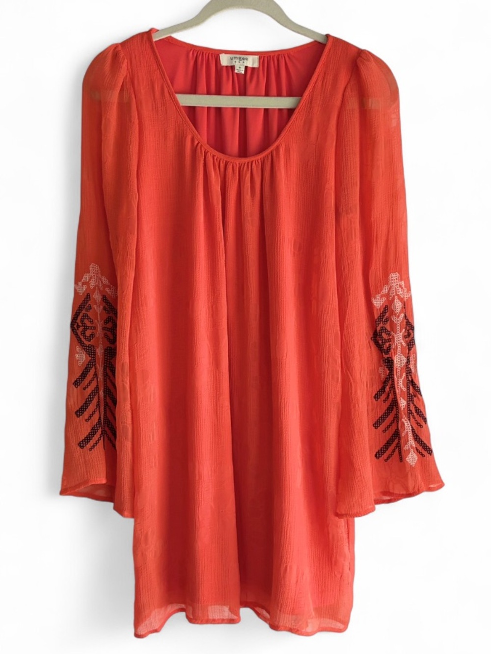 Umgee Orange Bell Sleeve Embroidered Boho Gauzy Mini Dress Size M